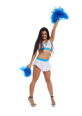 Cheer leader with pompons posing on white