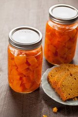 Homemade Pumpkin Bread slices on top of blue plate with jars of canned pumpkin 