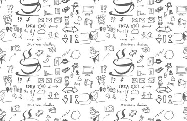 Hand drawn seamless doodle pattern with business symbols