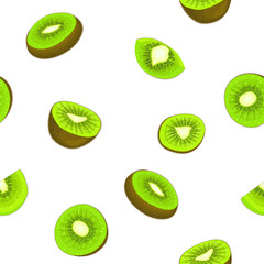 Seamless vector pattern of ripe kiwifruit. White background with delicious juicy green kiwi slice, half. Vector fresh fruit Illustration for printing on fabric textile design packaging juice breakfast