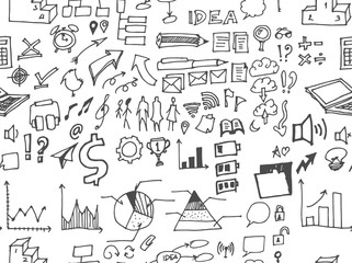 Hand drawn seamless doodle pattern with business symbols