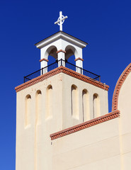 Church in Santa Fe, New Mexico, with blue sky, USA