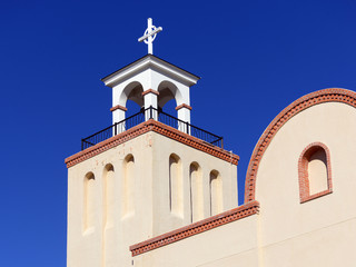 Church in Santa Fe, New Mexico, with blue sky, USA
