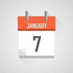 January 7, calendar icon with flat design illustration on grey background.