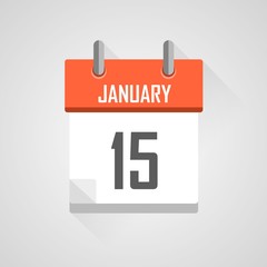 January 15, calendar icon with flat design illustration on grey background.