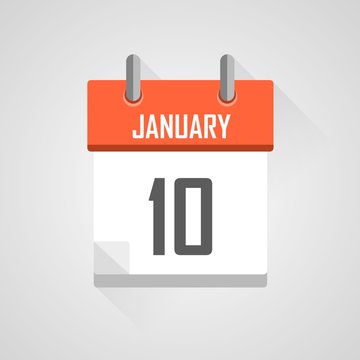 January 10, calendar icon with flat design illustration on grey background.