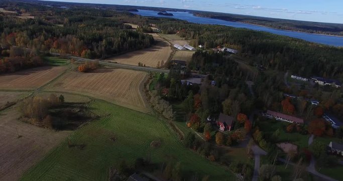 Cinema 4k aerial view, of Sarkisalo town, in the finnish archipelag at Isoluoto, Varsinais-Suomi, Finland