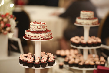 Candy Bar. Delicious sweet buffet with cupcakes. Sweet holiday buffet with cupcakes and other desserts.Table with sweets, candies, dessert.