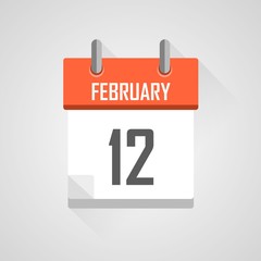 February 12, calendar icon with flat design on grey background.