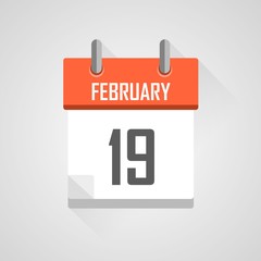 February 19, calendar icon with flat design on grey background.