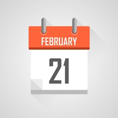 February 21, calendar icon with flat design on grey background.