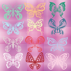 Butterfly set isolated on colorful violet background