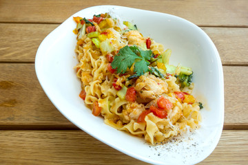 Pasta with Scallops Dinner Dish on a the table