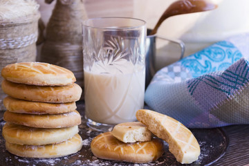 Biscuits with a glass of milk on tray