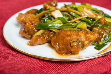 wok fried chicken stir fry with sweet peppers and chinese vegeta