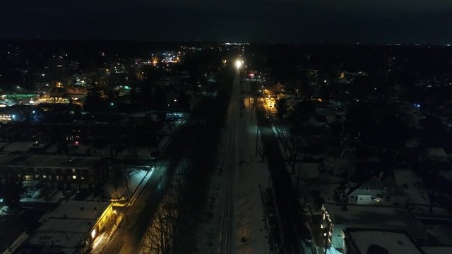 Night Aerial View of Westbound Train through Audubon and Oaklyn New Jersey