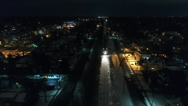 Night Aerial View of Westbound Train through Audubon and Oaklyn New Jersey