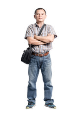 Portrait of a happy mature man with arms folded. Isolated full b