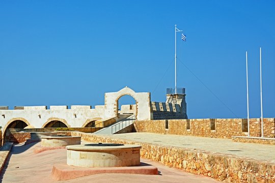 View over the Maritime Museum rooftop towards the watchtower, Chania, Crete.