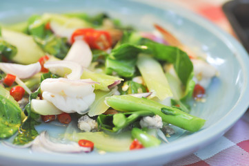 spicy salad or spicy kale with shrimp salad ,Thai food