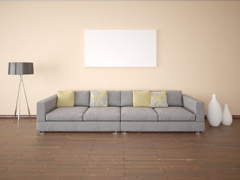 Mock up poster modern living room with a comfortable sofa in the background of decorative plaster.