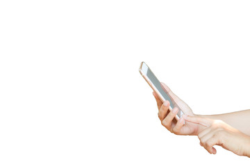  hand holding black cellphone isolated at white background.
