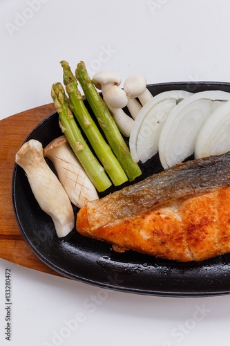 quot;Grilled Japanese Salmon Steak with Mushroom, Asparagus, Sliced Onion and Carrot with Soy Sauce quot;Grilled Japanese Salmon Steak with Mushroom, Asparagus, Sliced Onion and Carrot with Soy Sauce
