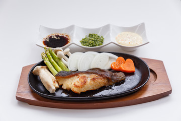 Grilled Japanese Sablefish Steak with Mushroom, Asparagus, Sliced Onion and Carrot with Soy Sauce. Scallion Sauce and Mayonnaise.