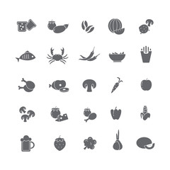 Set of black icons with different products (Seafood, vegetables, drinks, fruits).