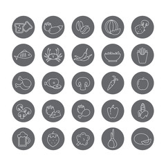 Set of round icons with different food (Seafood, vegetables, fruits, mushrooms).