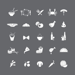 Set of white icon with different foods (vegetables, meat, seafood, beverages, fast food, berries).
