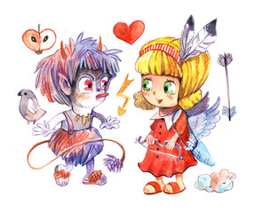 Angel and devil, Valentine's day, illustration, watercolor
