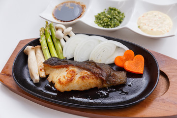 Grilled Japanese Sablefish Steak with Mushroom, Asparagus, Sliced Onion and Carrot with Soy Sauce. Scallion Sauce and Mayonnaise.