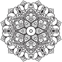 Drawing of a abstract vector with floral round lace mandala, decorative element in ethnic tribal style, black line art on a white background