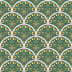 Colorful floral seamless patchwork pattern with mandala circles in boho chic style, in portuguese and moroccan motif