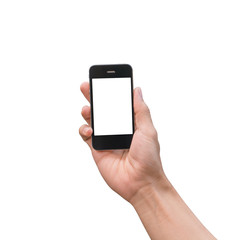 hand holding black phone isolated on white ..