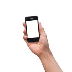 hand holding black phone isolated on white ..