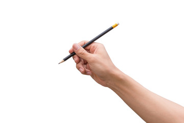 man hand holding a pencil isolated on white background