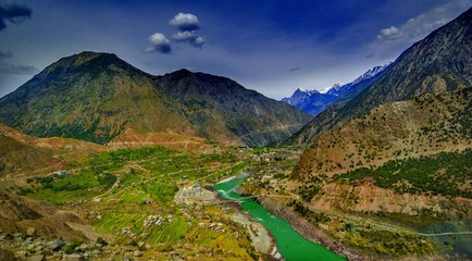 aerial view to Indus river and valley, Karakoram, Pakistan