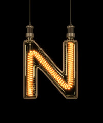 Alphabet N made of light bulb. 3D illustration