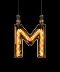 Alphabet M made of light bulb. 3D illustration