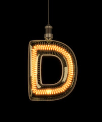 Alphabet D made of light bulb. 3D illustration