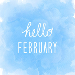 Hello February greeting on abstract blue watercolor background