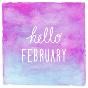 Hello February text on blue and purple watercolor background