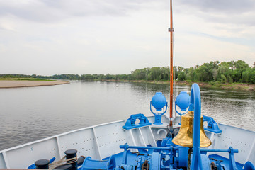 The mouth of the Volga river in the Astrakhan region. Photographing from the ship. A river cruise.