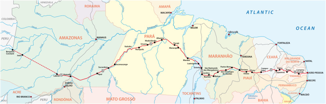 Questão Observe o mapa em que aparece, em destaque, a Rodovia  Transamazônica.Adaptado de: "Transamazônica"; B
