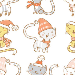 Seamless pattern with cute cartoon cats  in knitted scarves and hats on white  background.  Funny kittens. Animals  in clothes. Vector image. Children's illustration.