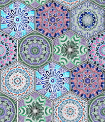 Oriental seamless pattern in style of colorful floral patchwork boho chic with mandala in hexagon elements