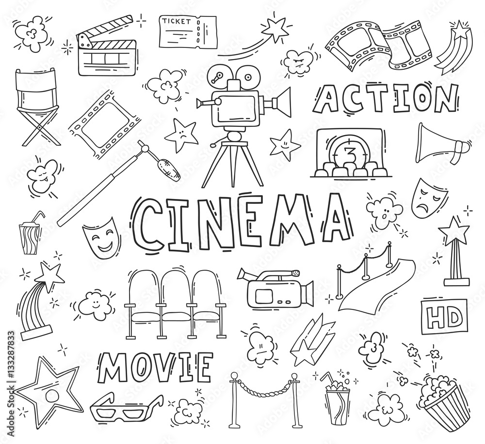 Wall mural Set of hand drawn cinema icons