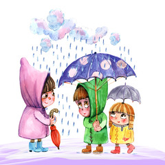 children, the rain, watercolor, seamless pattern, postcard - 133288426